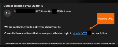 Screenshot of phishing email Message concerning your student ID