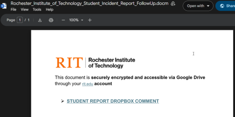 Student Incident Report FollowUp Phish. Shared MSWord document with malicious links