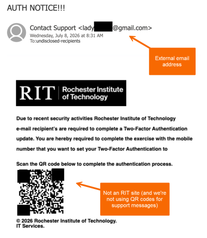AUTH NOTICE email showing requirement to complete two-factor authentication exercise. Link is hidden in QR code.
