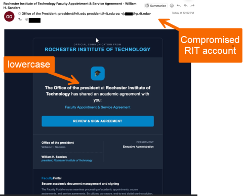 Screenshot of a phishing email impersonating an official communication from Rochester Institute of Technology (RIT), annotated with orange arrows pointing out red flags. The top arrow points to the email header and CC line, labeled "Compromised RIT account." The second arrow points to improper capitalization in the phrase "The Office of the president," labeled "lowercase." The email body contains an icon, text requesting a signature on a "Faculty Appointment & Service Agreement," and a prominent blue button