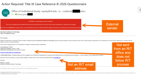 Screenshot of a phishing email claiming to be a Title IX case questionnaire from the Rochester Institute of Technology (RIT), annotated with orange callout boxes pointing out red flags.