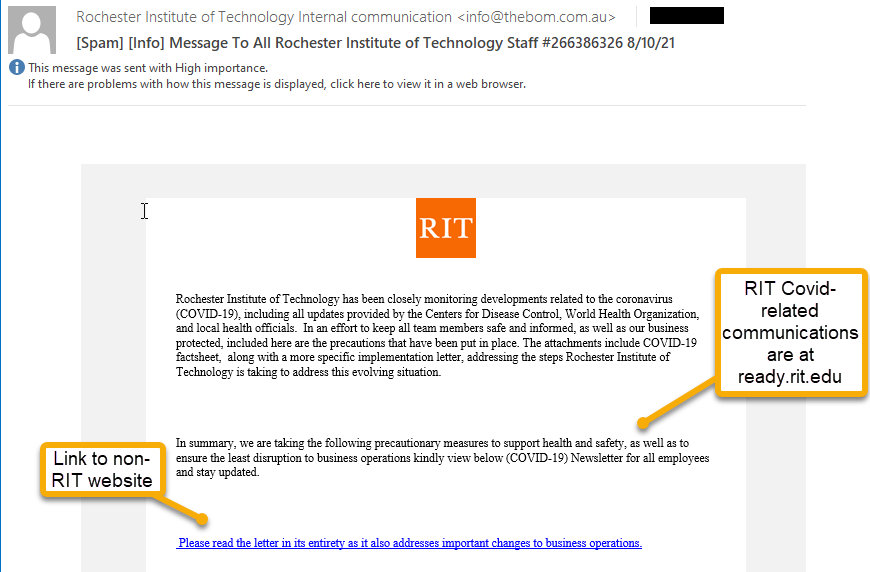 Screenshot of Covid-related phishing message with callouts added to identify signs that it is a phish.