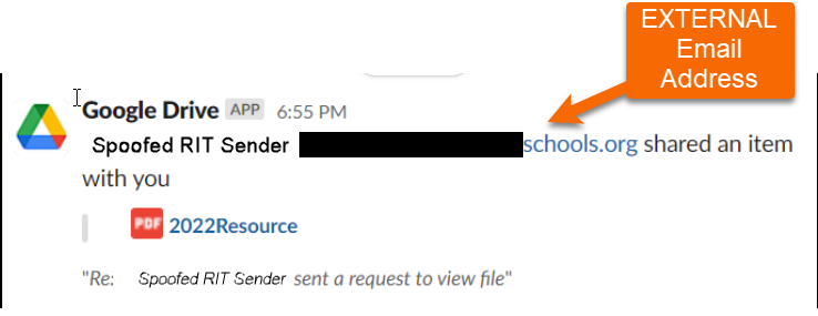 Google Drive notifications are often integrated into Slack. The screenshot shows a Slack notification. Note that the Spoofed RIT Send name has an external email address. There are no other indications that it's not authentic.