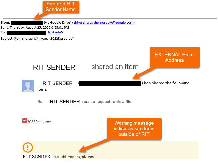 Screenshot of Google Shared File Notification that indicates how to tell if the sender is from within RIT. There is an External Email address displayed in the message and there's a warning that the sender is outside your organization
