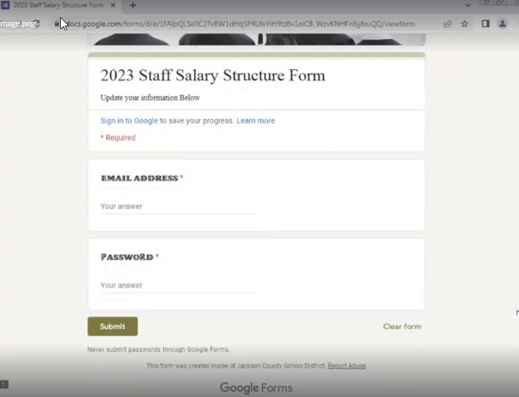 Screenshot of 2023 Staff Salary Structure Form phish. The form requests email address and password.