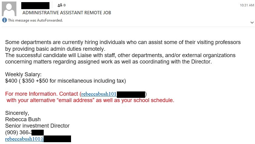 Screenshot of Administrative Assistant Remote Job Scam (fully described in text)