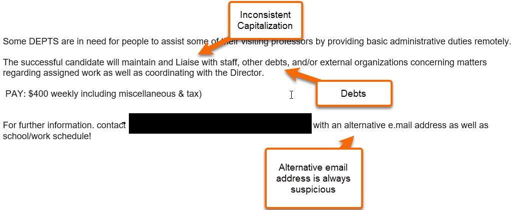 Annotated screenshot of job scam phishing email.