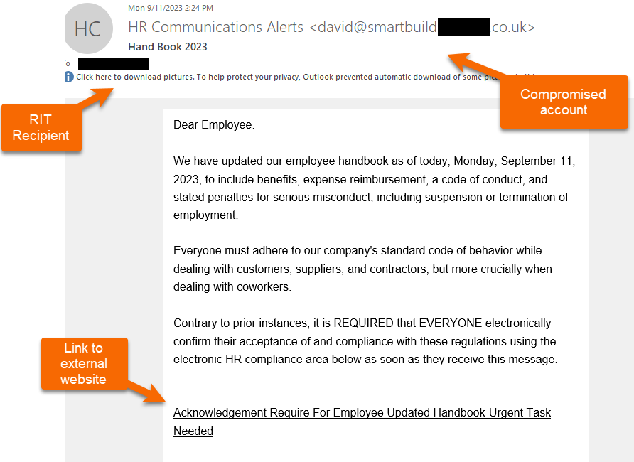 Screenshot of HR Communications Alerts phishing email