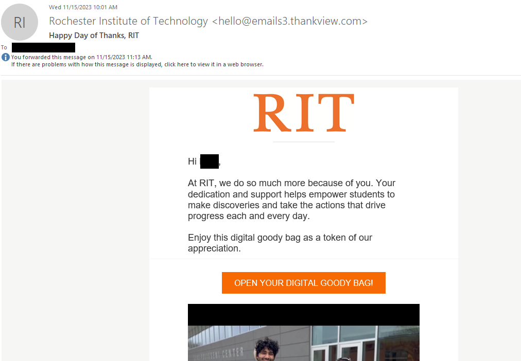 Screenshot of Happy Day of Thanks, RIT email from thankview.com