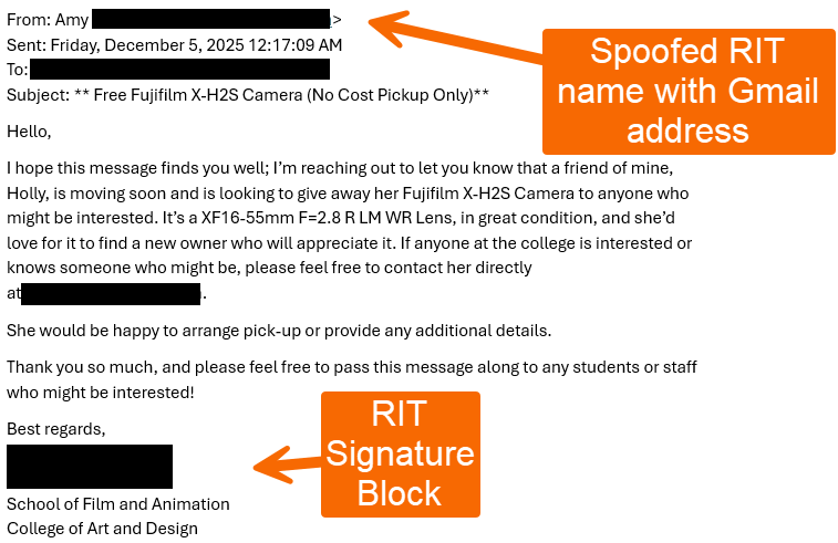 Image of phishing email offering free camera