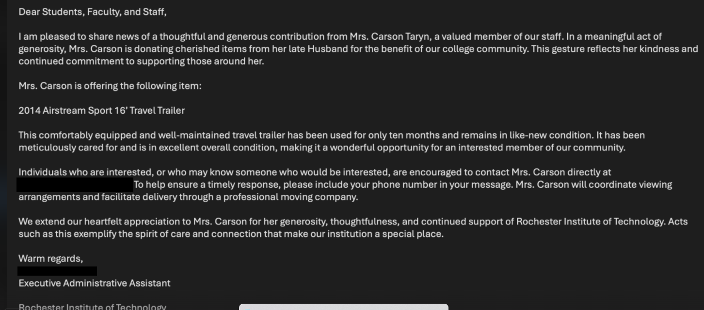 Email text of Airstream Trailer Gift Scam