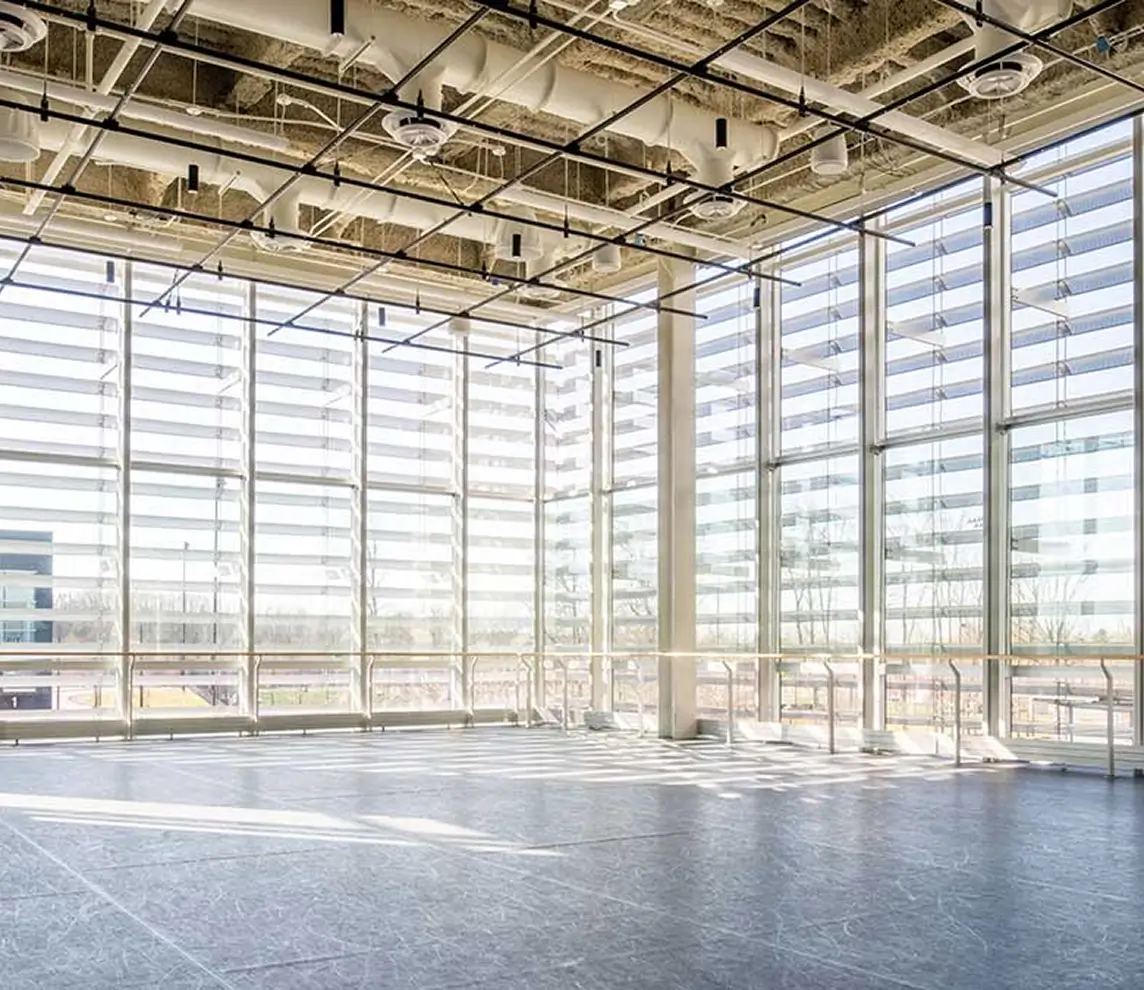Interior of the SHED Dance Studio, empty on a sunny day.
