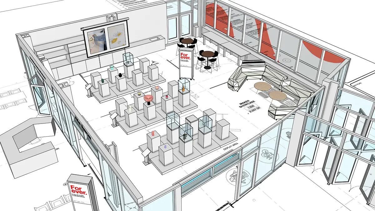 A draft of the design for the Bower Maker Showcase for displaying artwork.