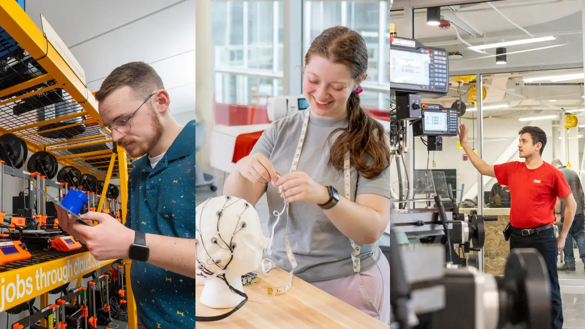 A collage of images showing a person next to a 3d printers, a person measuring the circumference of a mannequin's head, and a person standing next to a piece of fabrication machinery.