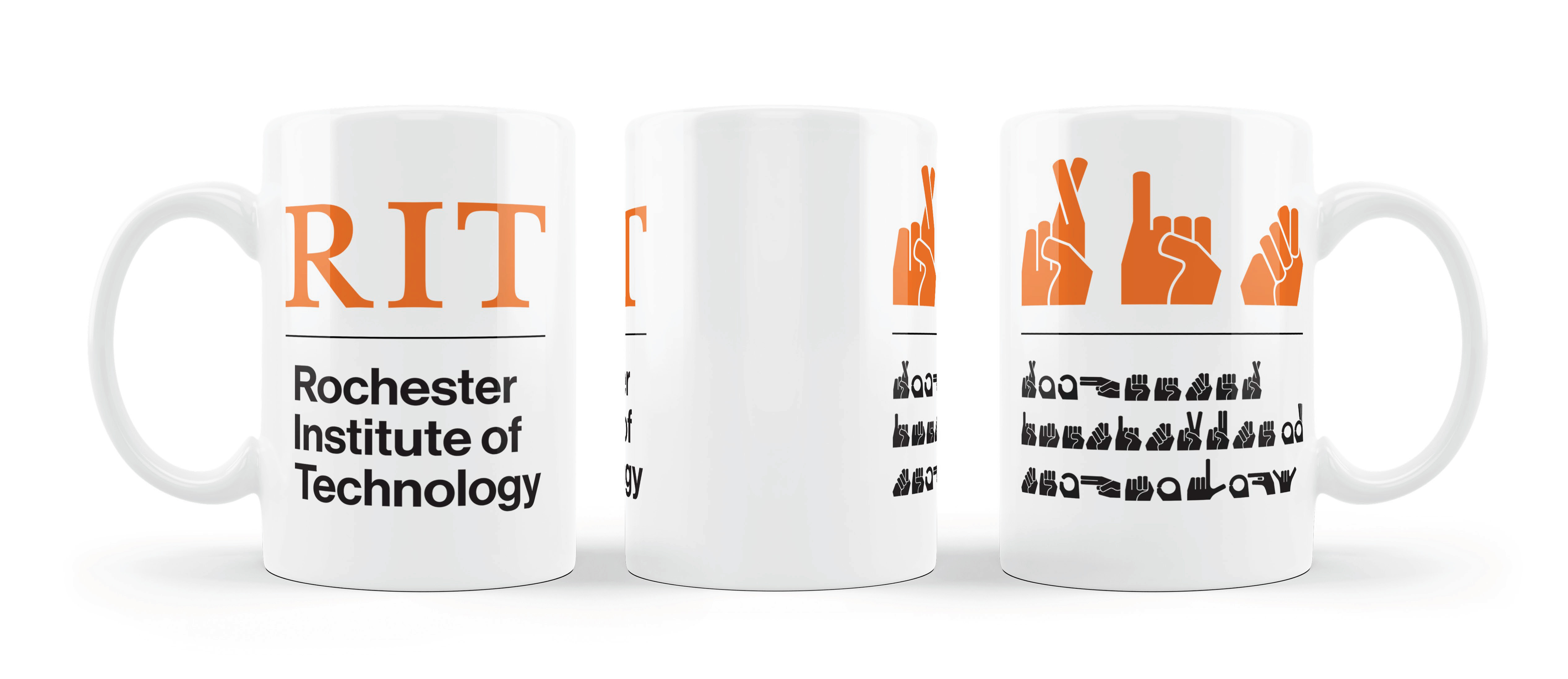 three white ceramic mugs with the RIT logo in ASL Manutype font.