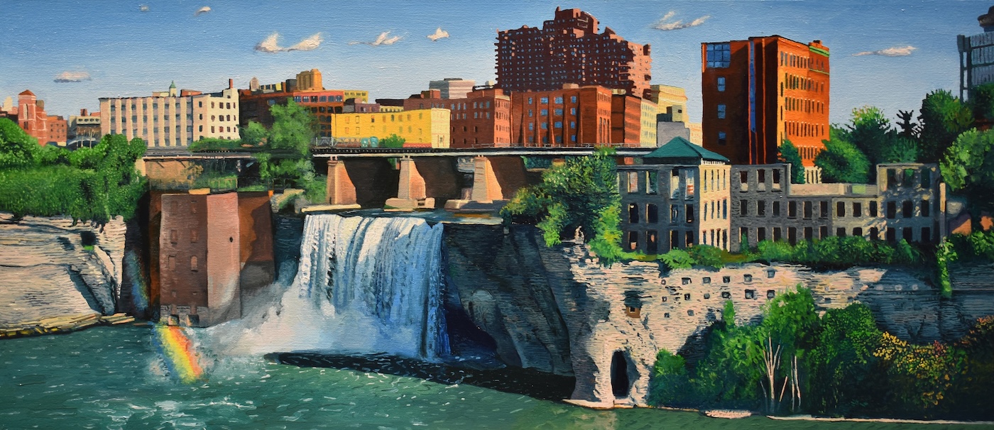 a painting of the Rochester, NY skyline with a waterfall, line of brick buildings a d a railroad track.