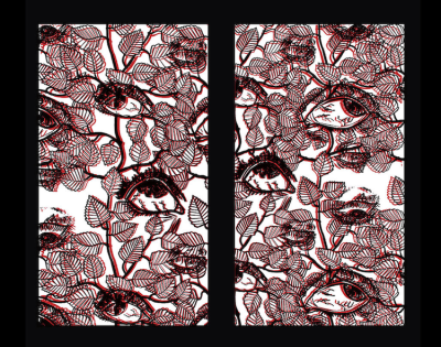 Diptych print of eyeballs and leaves, three layers of colors are offset creating a three dimensional effect.