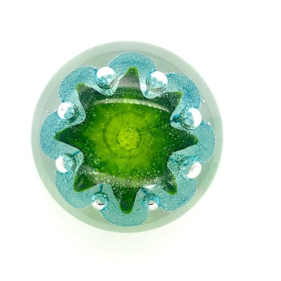 Handblown clear Glass orb with bubbly lime and blue organic shape inside.