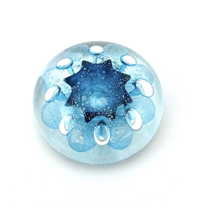 Handblown clear Glass orb with bubbly teal and blue organic shape inside.