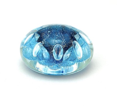 close up of a Handblown clear Glass orb with bubbly teal and blue organic shape inside.