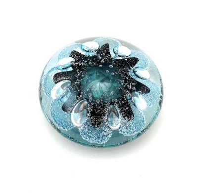 Handblown clear Glass orb with bubbly jade organic shape inside.