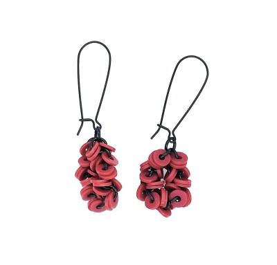 Black wire dangle Earrings with rubber Red Disc clusters.