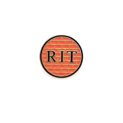 Round metal Enamel Lapel Pin with 'R I T' over an orange brick pattern.