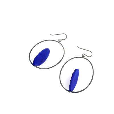 oxidized Sterling Silver Earrings with a blue Disk in a Hoop.