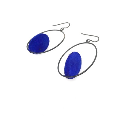oxidized Sterling Silver Earrings with a blue Disk in a Hoop.