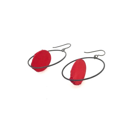 oxidized Sterling Silver Earrings with a Red Disk in a Hoop.