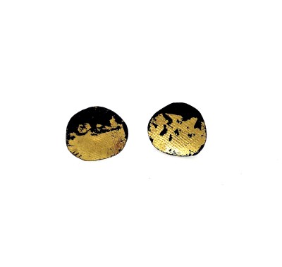 oxidized Sterling Silver and 23K Gold Leaf disk stud Earrings.