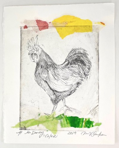Drypoint etching monoprint with colorful collage elements depicting a rooster.