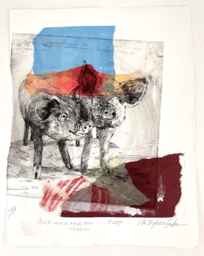 Drypoint etching monoprint with colorful collage elements depicting two pigs.