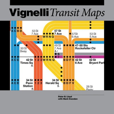 book cover showing a section from the Vignelli Transit Maps on a gray and black background.