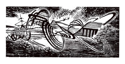 Abstract black and white Woodcut Print featuring various repeating patterns and shapes.