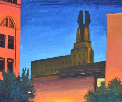 Painting of city buildings in the evening with lights shining on the buildings and trees in the foreground with a darker building in the background silhouetted by the sky.