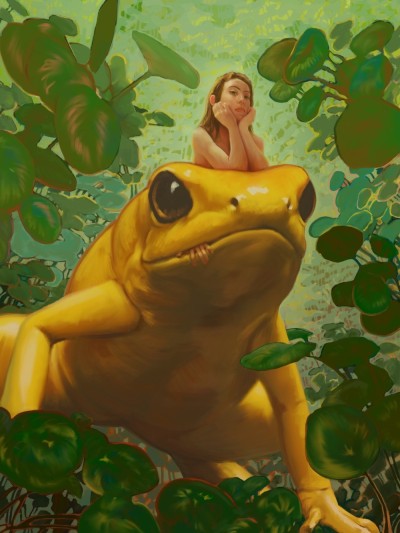 A long haired woman seen sitting on a large yellow frog surrounded by foliage.