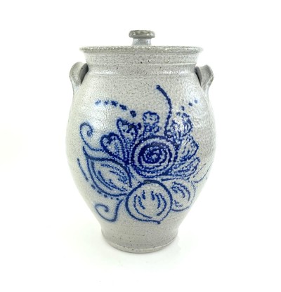 LIdded ceramic vessel with compact side grasp handles. Glaze is light grey with hand illustrated floral decoration in cobalt blue titled 'Bouquet'.