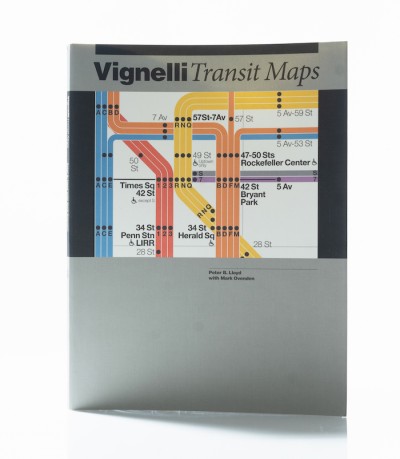 book cover showing a section from the Vignelli Transit Maps on a gray and black background.
