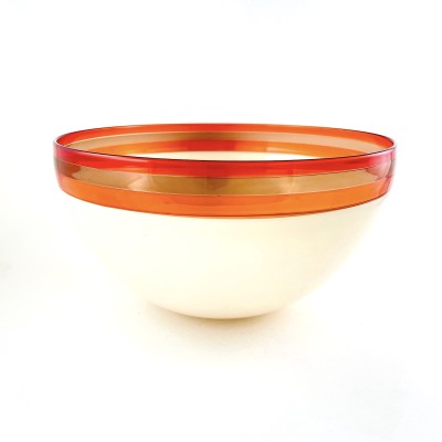 a glass bowl with a smooth surface and ivory color base, a band of rose, bronze and melon colored band around the rim.