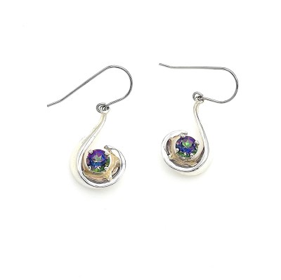 A pair of silver, scoop shaped earrings with a greenish purple gemstone.