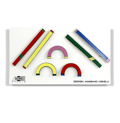 a set of seven enamel bar pins in bright color block in two shapes - a long narrow rectangle and an arch.