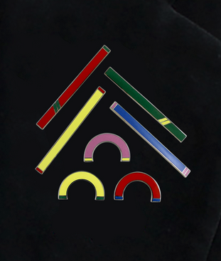 a set of seven enamel bar pins in bright color block in two shapes - a long narrow rectangle and an arch.