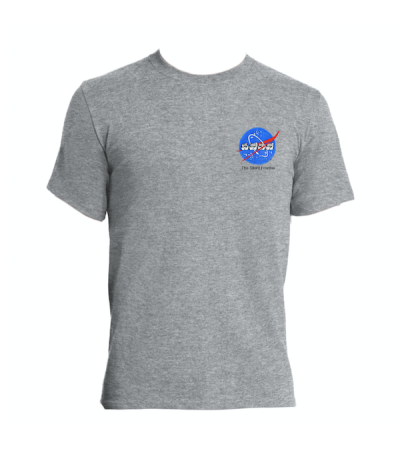 a heather grey t-shirt with embroidered logo with sign language finger spelled 'N-A-S-A' over the NASA meatball logo.