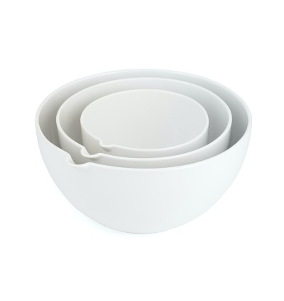 a set of three smooth white ceramic mixing bowls in graduated sizes to nest together.