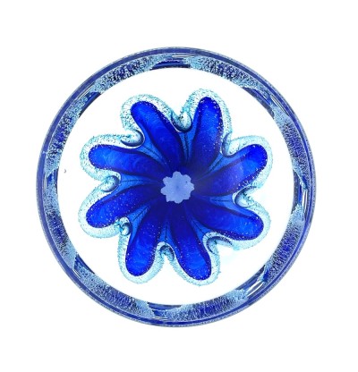 a round clear glass bowl with a starfish like blue design in the center with air bubbles around it.