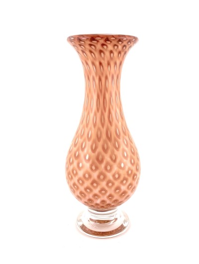 a hand blown teardrop shaped glass vase with a diamond pattern of apricot across the surface.