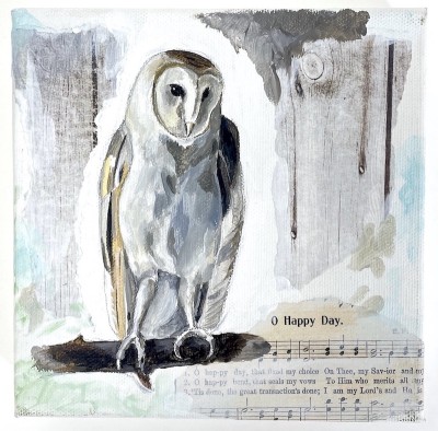 a hand painted illustartion of a white and grey owl on a perch.