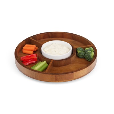 Materials: Acacia Wood Porcelain Measurements: Tray: 14” D x 1.5” H; Bowl: 6” D x 2” H Care &amp; Use: Tray: a round wood lazy susan with three compartments with chopped vegetables and a white porcelain dish in the center.Hand wash; Bowl: Dishwasher safe Designer: Josh Owen