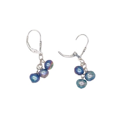 a set of earrings with A suspended cluster of subltly hued grey pearls with reflective highlights of rose, moss green and lavender.